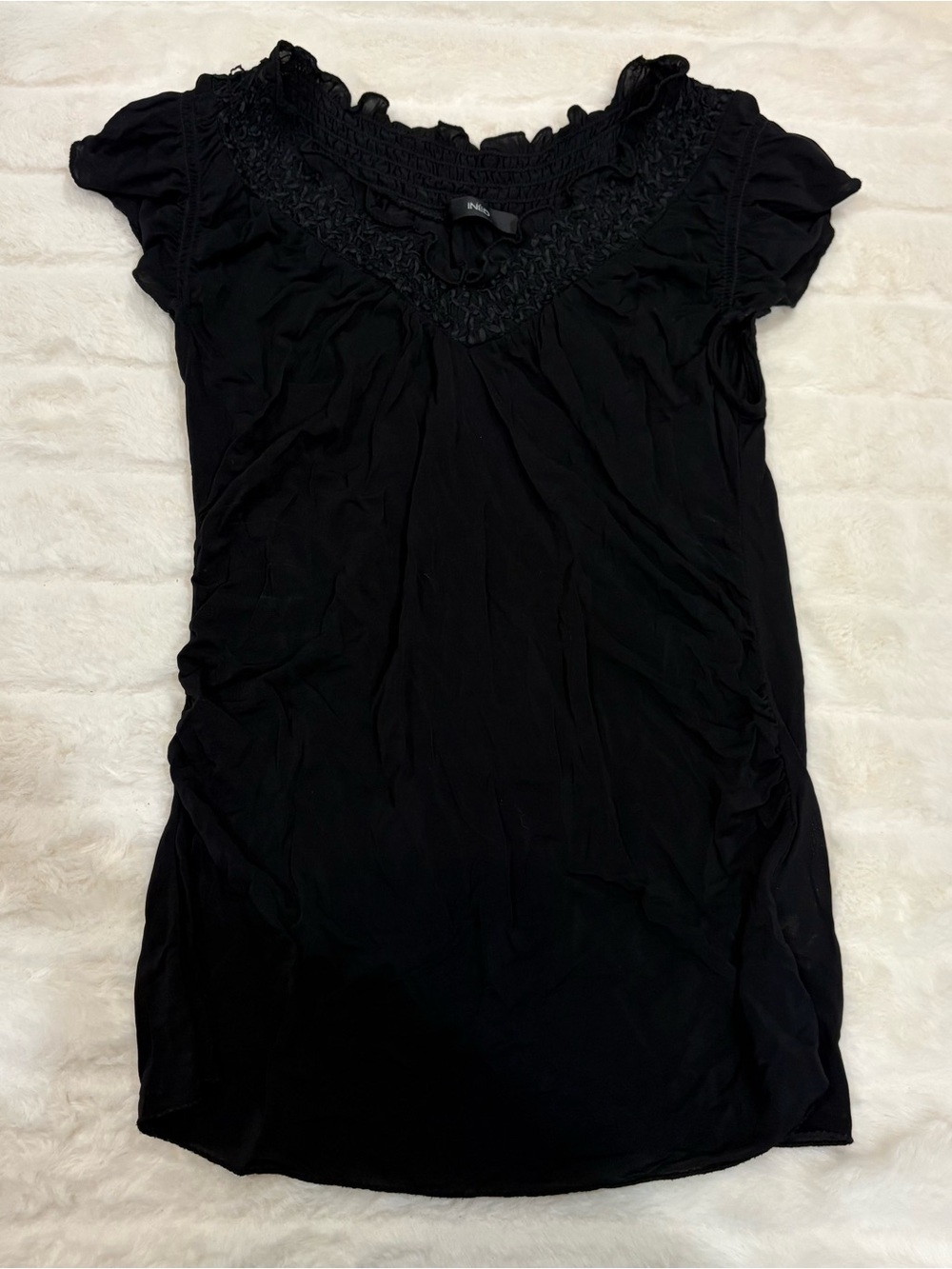 Black Smocked Yoke Short Sleeve Women's Tunic Top